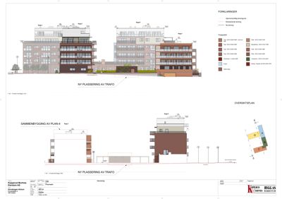 Fasadetegning som viser bygningens utseende fra utsiden, inkludert fargevalg og plassering av bygg i forhold til hverandre.