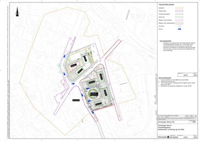 Situasjonsplan som viser tomtens grenser, naboeiendommer, veier, og plassering av nye bygninger (boligblokker) i forhold til eksisterende infrastruktur.