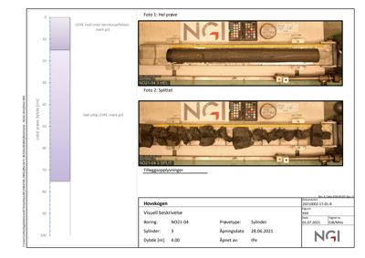 Fotografier av en hel jordprøve og en splittet jordprøve i en prøverør, med tilhørende beskrivende tekst og dokumentinformasjon.