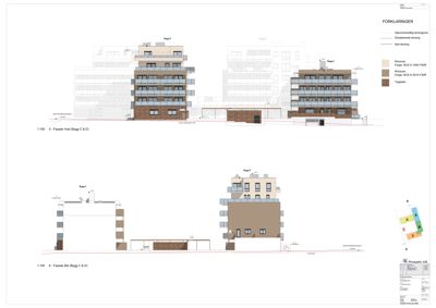 Fasadetegning som viser bygningens utseende fra vest og øst, inkludert fargevalg og terrengforhold.