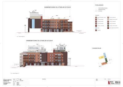 Fasadetegning som viser bygningens utseende fra utsiden, inkludert fargevalg, vinduer og takform.