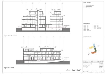 Snittegning som viser tverrsnitt gjennom bygningene (Bygg D og Bygg C) med høydemål, romfordeling og konstruksjonsdetaljer.