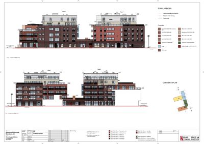 Fasadetegning som viser bygningens utseende fra ulike vinkler (fra vest og fra nord) med fargelegging og detaljer.