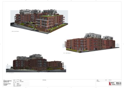 Tre 3D-visualiseringer (perspektivtegninger) av en planlagt bygning sett fra ulike vinkler.