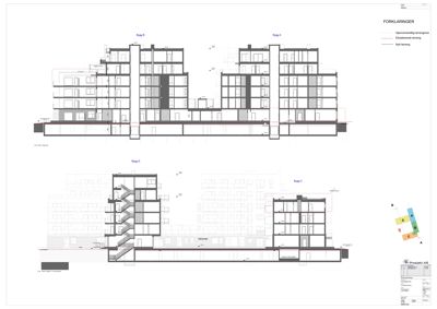 Snittegning som viser tverrsnitt gjennom flere bygninger (Bygg A, B, C, D) med romfordeling, trapper og fasadeopprikk.