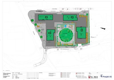 Situasjonsplan som viser bygningenes plassering i forhold til tomtegrenser, veier og omgivende arealer.