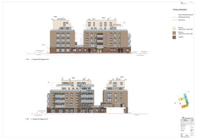 Fasadetegning som viser bygningens utseende fra nord og sør, med fargelegging og forklaringer.
