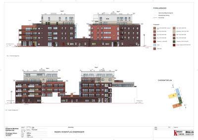 Fasadetegning som viser bygningens utseende fra utsiden, inkludert fargevalg og materialebeskrivelser.