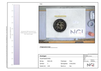 Fotografi av en prøvepose (pose) med jordprøve fra boring NO21-04, tatt 25.06.2021. Bildet viser innholdet i posen og er en del av en rapport fra NGI.