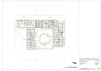 Etasjeplan (Plan 01) som viser romfordeling, vegger og innganger for Hovskogen Atrium.