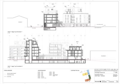 Snittegning som viser tverrsnitt gjennom flere bygninger (Bygg A, C, D, F) med høydemål og kontekst.