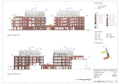 Fasadetegning som viser bygningens utside med fargevalg, høyder og romfordeling.