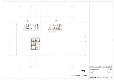 Etasjeplan (Plan 06) som viser romfordeling og plassering av tre ulike bygninger (Rigg A, B og D) på et tomt.
