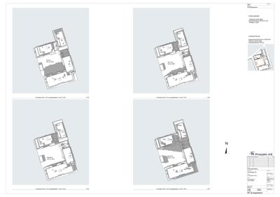 Bildet viser fire ulike etasjeplaner (overetasjen, 1. etasje, 2. etasje og 3. etasje) for en bolig i Hovengen. Planene viser romfordeling, arealer og møblering.