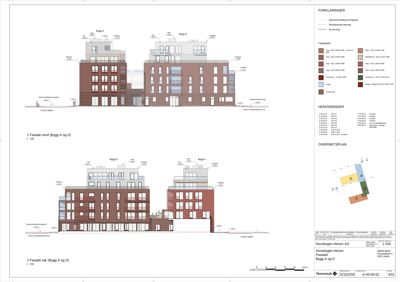 Fasadetegning som viser oppriss av bygningene A og D sett fra nord og sør, inkludert fargevalg og høyder.