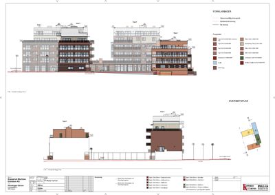 Fasadetegning med oppriss av bygning sett utenfra, inkludert fargelegging og oversiktsplan.