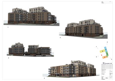 Fasadetegning som viser ulike vinkler og perspektiver på en planlagt bygning.
