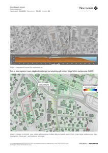 Bildet viser en situasjonsplan (kart) med et utklipp fra INSAR-data som indikerer setninger på tomten. Det inneholder også en høydeprofil og tekster om prosjektet.