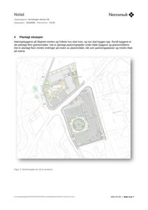 Situasjonsplan (tomteplan) som viser to planlagte bygninger, grøntområder, veier og parkeringskjeller på Skjærten-tomten.