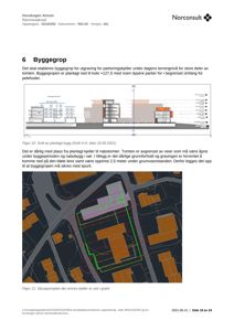 Situasjonsplan som viser byggegrensen (grønt) og nabobebyggelse (oransje) i forhold til veier og grunnforhold.