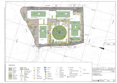 Situasjonsplan (oversiktsplan) som viser tomtens grenser, plassering av bygninger (Bygg A, B, C, D), utendørsarealer (Soleienden, Grillplass) og infrastruktur (veier, gater).