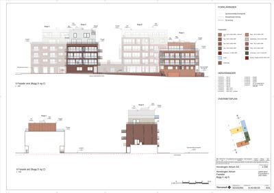 Fasadetegning som viser bygningens utseende fra vest og øst, inkludert fargevalg og høyder.