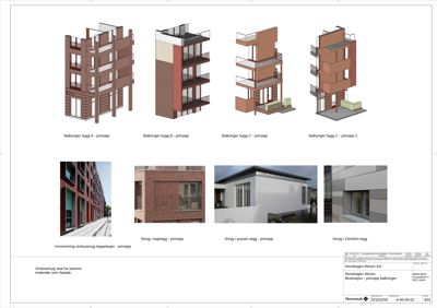 Illustrasjon som viser ulike fasadeprinsipper for balkonger og smyg (f.eks. teglvegg, pussveg, Cembri-vegg) på en bygning.
