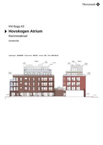 Dette bildet viser en fasadetegning (opprikk) for bygningene A og D i prosjektet 'Hovskogen Atrium'. Tegningen illustrerer bygningenes utvendige utseende, høyder, takhøyder og parapethøyder.