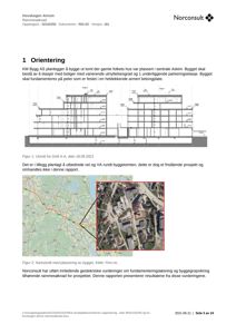 Bildet viser en rapportside med to bilder: øverst et snitt av en bygning (snitt A-A) og nederst et kartutsnitt med plassering av bygget.