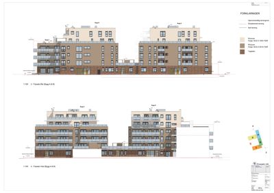 Fasadetegning som viser bygningens utseende fra to ulike vinkler (Sør og Vest) med fargelegging for fasadematerialer.