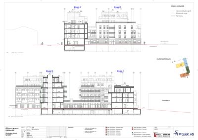 Snittegning som viser tverrsnittet av flere bygninger (Bygg A, C, D) med romfordeling, høyder og konstruksjonsdetaljer.
