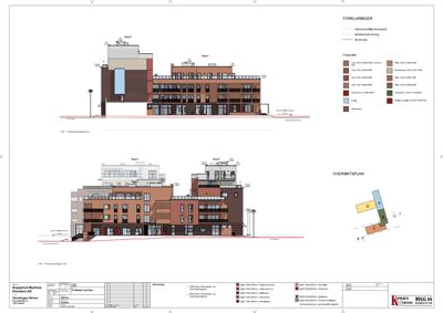 Bildet viser en fasadetegning (opprikk) av en bygning sett fra siden, med en oversiktsplan i høyre hjørne.