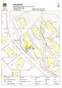 Situasjonsplan (basiskart) som viser eiendomsgranser, høydekoter, eksisterende bygninger og planlagt tiltak på tomta.