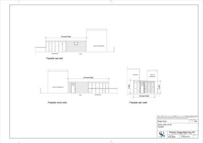 Fasadetegning som viser tre utsnitt av bygningens fasader (sør-øst, nord-vest og sør-vest) med mål og detaljer.