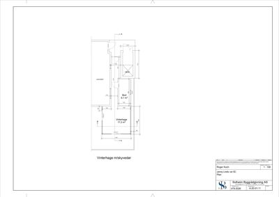 Etasjeplan for en vinterhage med skyvedør, inkludert romareal og snittlinjer.