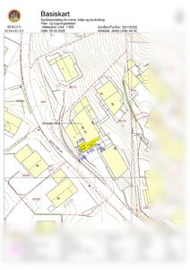 Situasjonsplan (basiskart) som viser eiendomsgranser, høydekoter, eksisterende bygninger og planlagt tiltak på tomta.