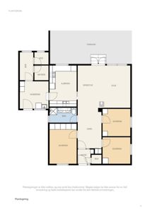 Etasjeplan (plantegning) som viser romfordeling i en bolig, inkludert stue, kjøkken, soverom og bad.