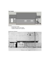 Bildet viser en tegning av Vest fasaden til et hus, med beskrivelse av planlagte endringer (flytting av dører/vinduer) og en eksisterende situasjon.