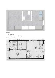 Bildet viser en sammenligning av to etasjeplaner: øverst en tegnet løsning for nytt bad og soverom, nederst en eksisterende vaskerom-plan med mål.