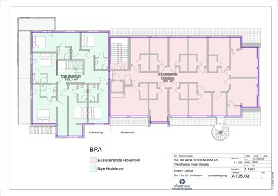 Etasjeplan som viser romfordeling for 'Nye Hotelrom' og 'Eksisterende Hotelrom' i en bygning.