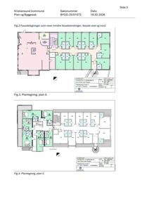 Bildet viser en side fra en byggesak som inneholder flere tegninger. Øverst er det en fasadetegning, og deretter følger to plantegninger (etasjeplaner) for plan 4 og plan 5.