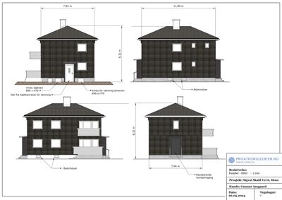 Fasadetegning som viser bygningens utseende fra fire ulike vinkler (front, side, bak og en annen side), med mål og detaljer om vinduer og inngang.
