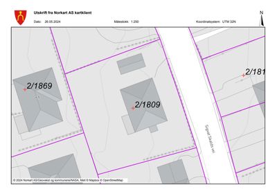 Kartutsnitt fra Norkart som viser eiendomsgrenser, bygninger og veier (Sigrun-Skiftevei) med arealnummer.