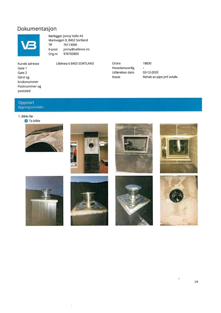 Dokumentasjon med flere fotografier av rørleggerarbeid (rør, ventilasjon) på en bygning.