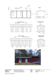Bildet viser en samling tegninger som inkluderer et etasjeplan (Plan), et snitt (Snitt A), og detaljerte fasadetegninger for alle fire sider av en bygning (Fasade nord-nordvest, vest-sørvest, sør-sørøst, øst-nordøst).