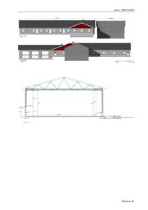 Bildet viser fasadetegninger (Fasade Vest og Fasade Sør) samt en snittegning (Snitt 1-1) av en bygning.