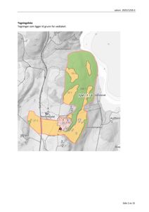 Kart over et område med topografiske linjer, vegnavn (f.eks. Sandvollanvegen) og fargemerkede områder (grønt, gult, rødt) som sannsynligvis representerer ulike soner eller eiendeler. Det er også en markering med et rødt punkt.
