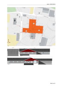 Bildet viser en fasadetegning (opprikk) av en bygning sett fra to vinkler (vest og nord), samt en situasjonsplan over tomten med bygningens plassering.