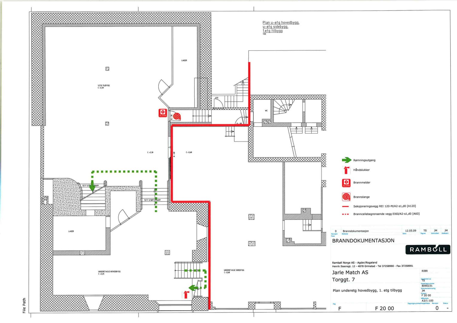 Etasjeplan (1. etg) med brannskjema og utrykningsveier
