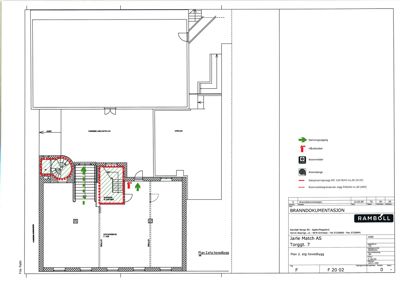 Etasjeplan (Plan 2. etg hovedbygg) med brannbeskyttelsesopplysninger, brannveier og brannmøbler.